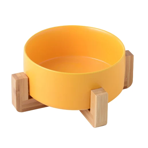 Comedero   o bebedero cerámica y madera (Amarillo 15.5*9*7 cm)
