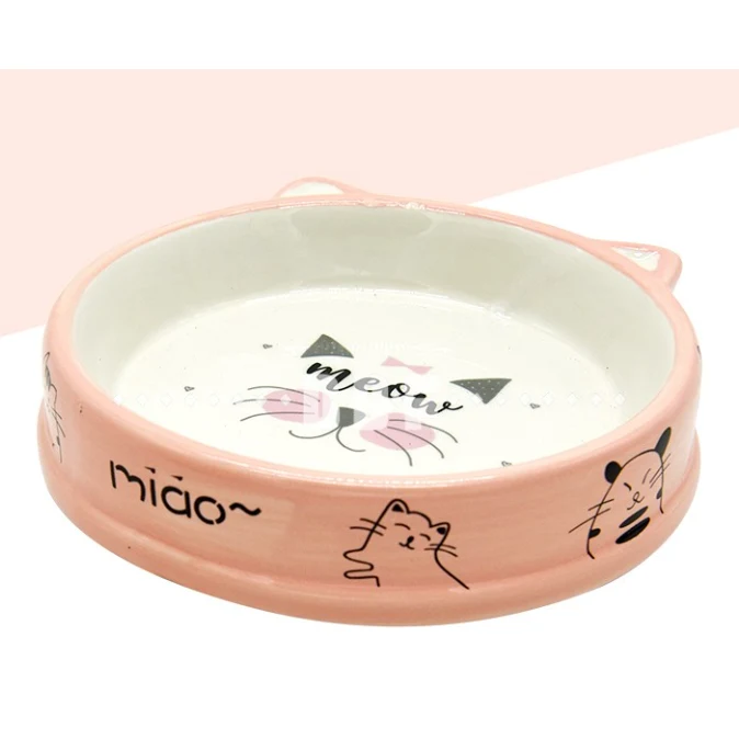 Comedero de cerámica hondo para gatos (Rosado 15.5*15.5*3 cm)